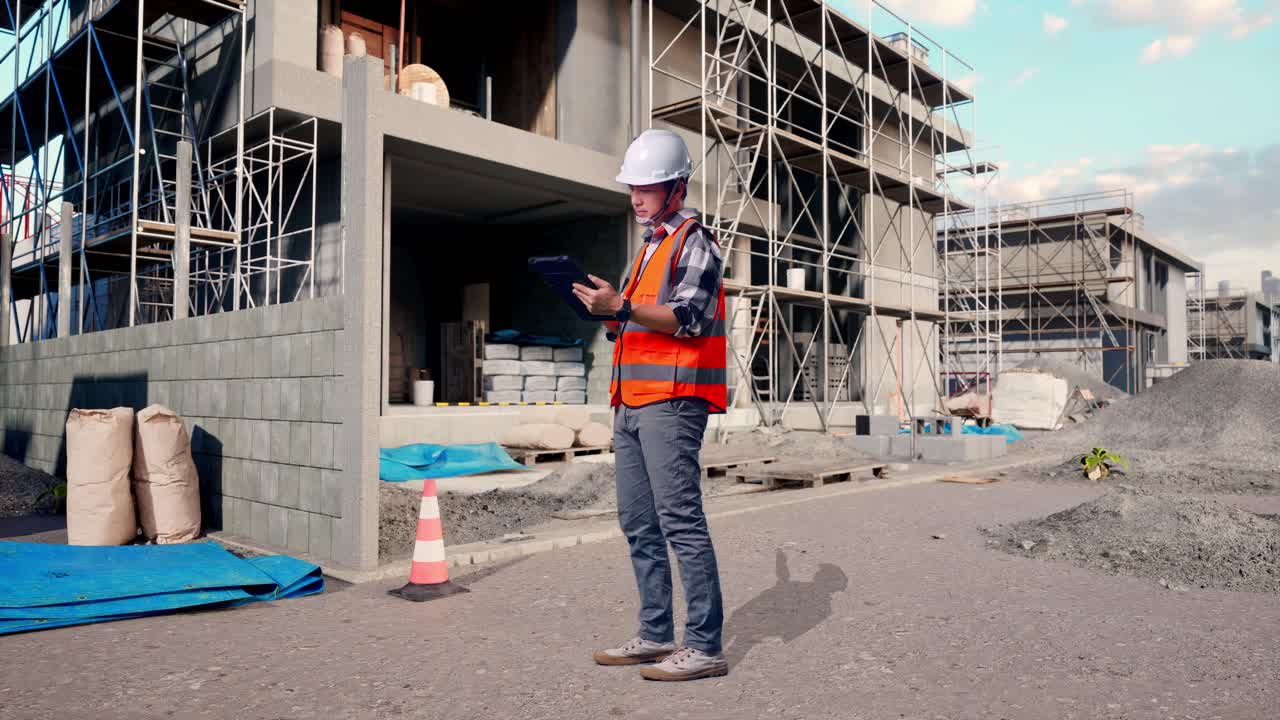 Full Body Side View Of Asian Male Engineer With Safety Helmet Working On A Tablet While Standing At Building & Construction Site in Progress to New House