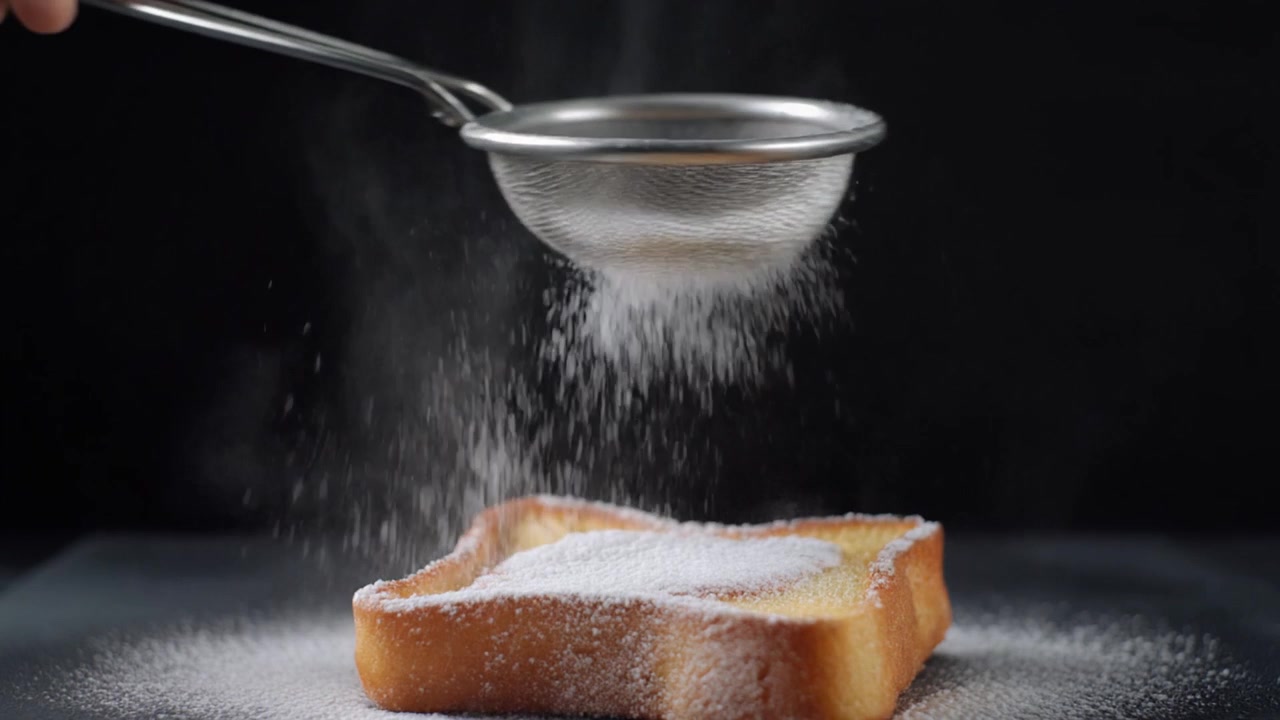 Zucchero a velo setacciato su una fetta di pane tostato