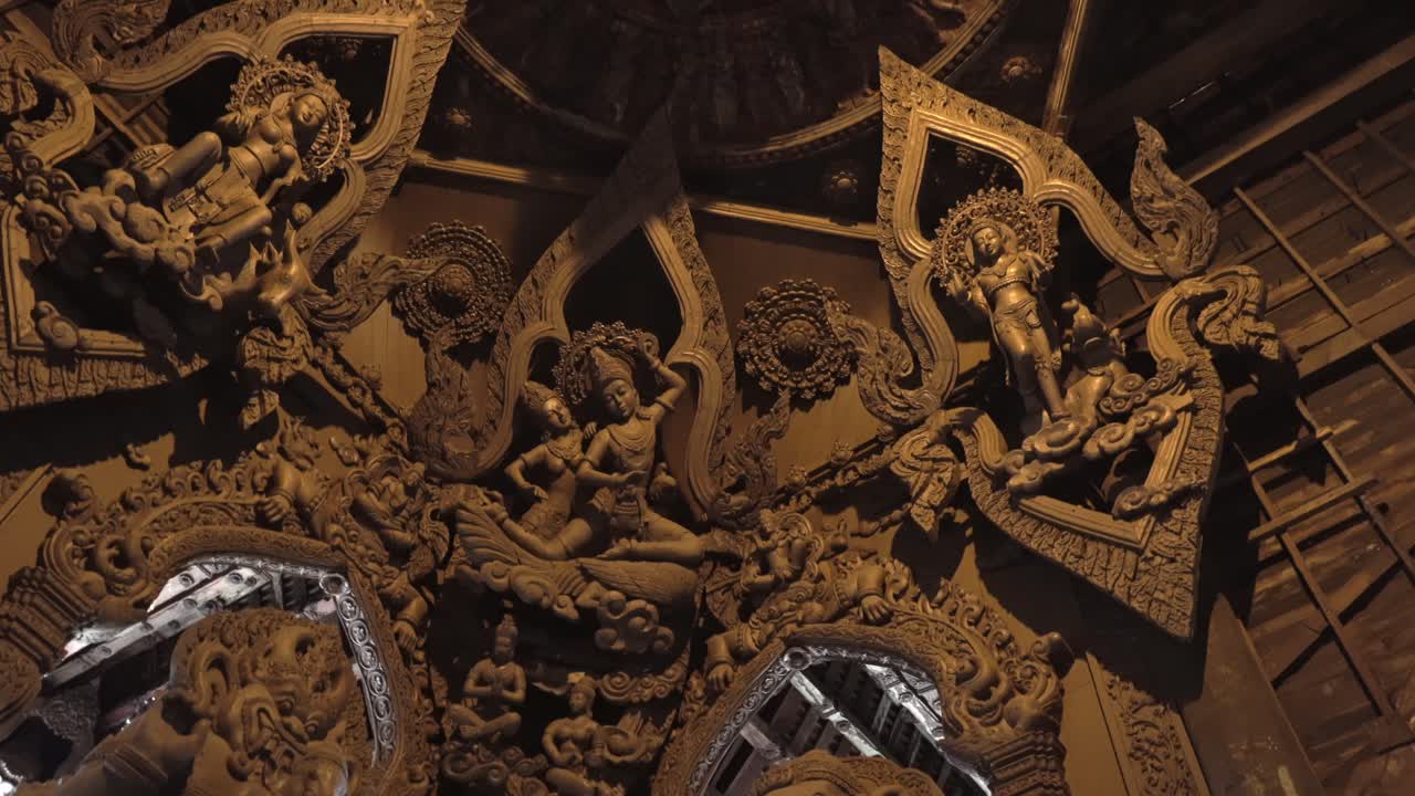Interior details of the roof at Sanctuary of Truth at Pattaya,Thailand, Wooden temple by the ocean.