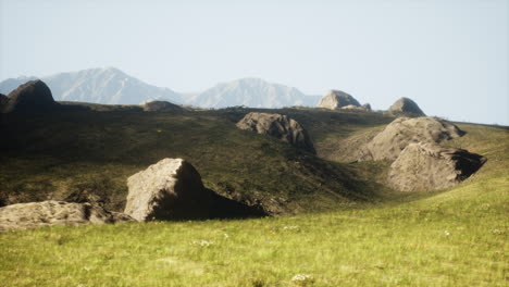 mountainous landscape with grassy field