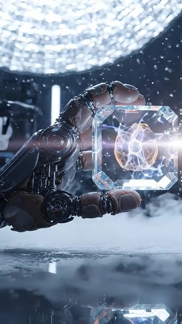 A futuristic robotic hand delicately holds a glowing crystal containing intricate energy patterns, illuminated in a misty, high-tech environment.