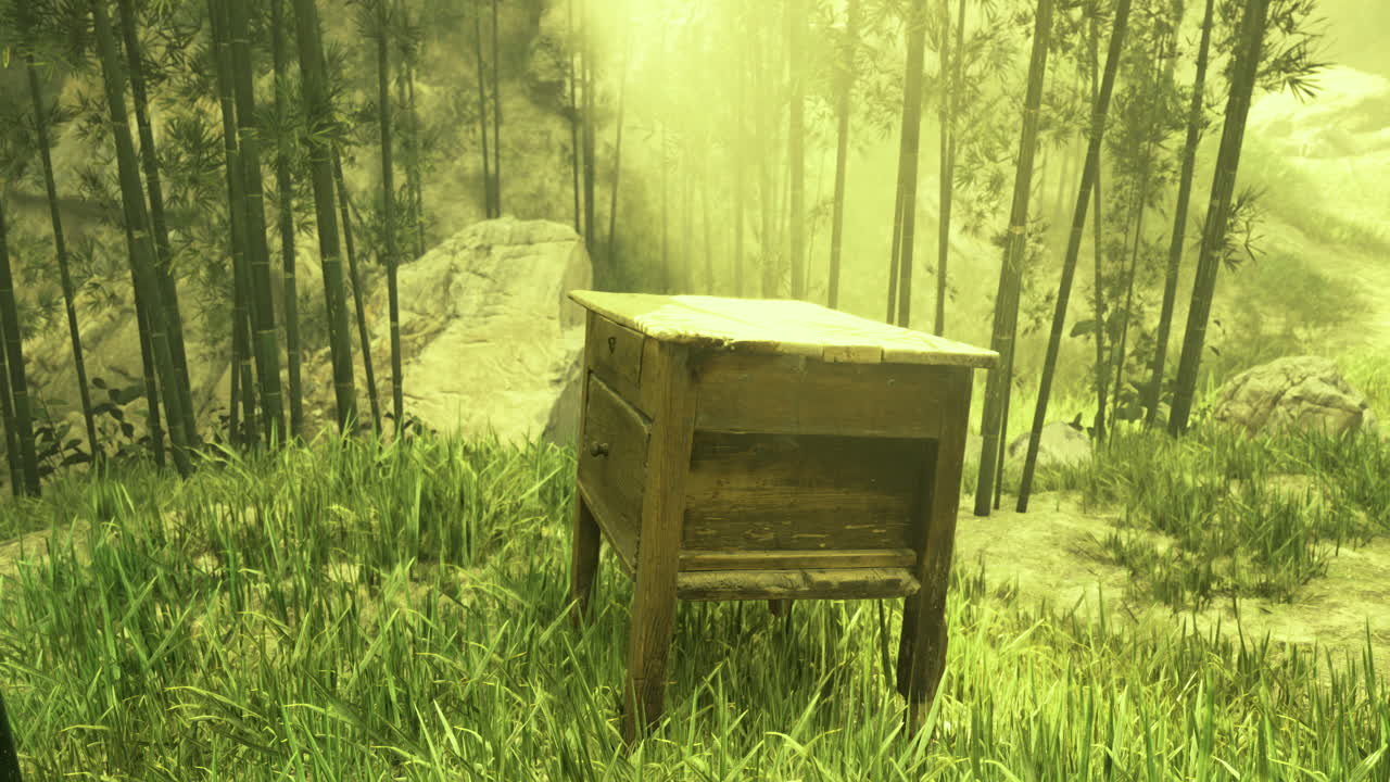 Wooden table in a serene forest clearing surrounded by tall greenery