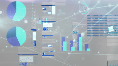 animación de puntos conectados en múltiples gráficos con datos contra un fondo abstracto