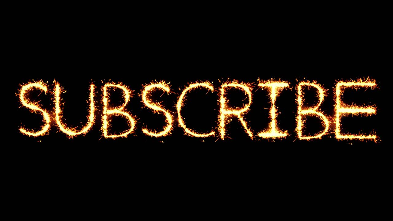Subscribe text sparkler writing with glitter sparks particles firework on black 4k loop background