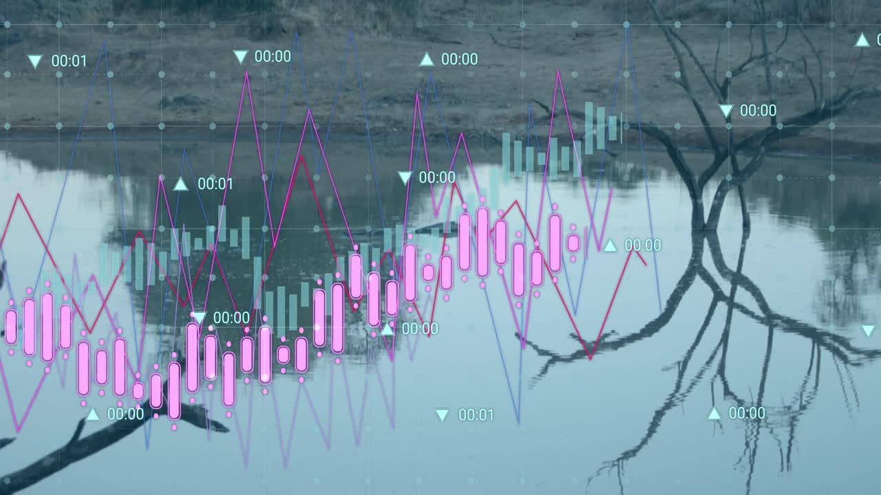 나무와 호수를 가진 풍경에 대한 데이터 처리의 애니메이션