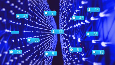 Animation-of-social-media-notifications-over-network-of-glowing-blue-lights