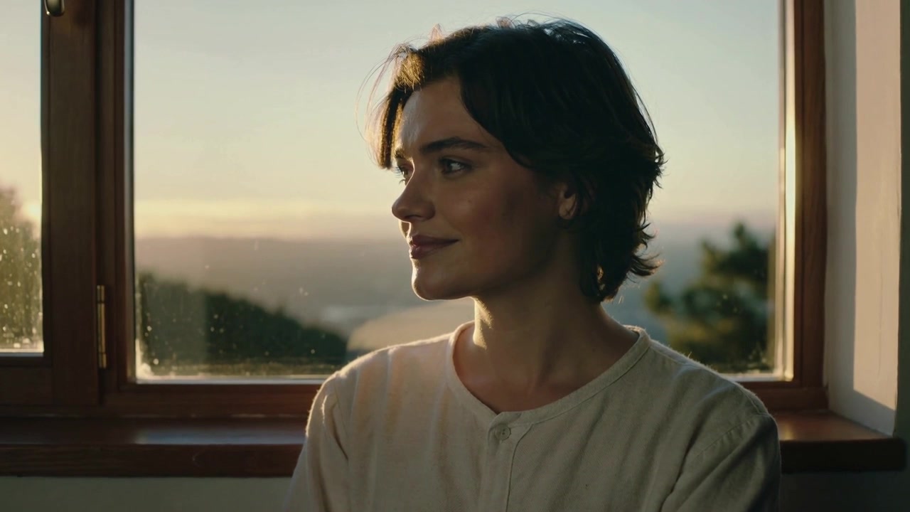 Gazing woman in cream button top on wood sill turning head smiling sunlight entering over hills