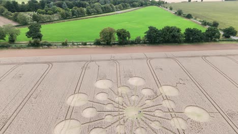 mystery crop circle in countryside wheat field with circular patterns