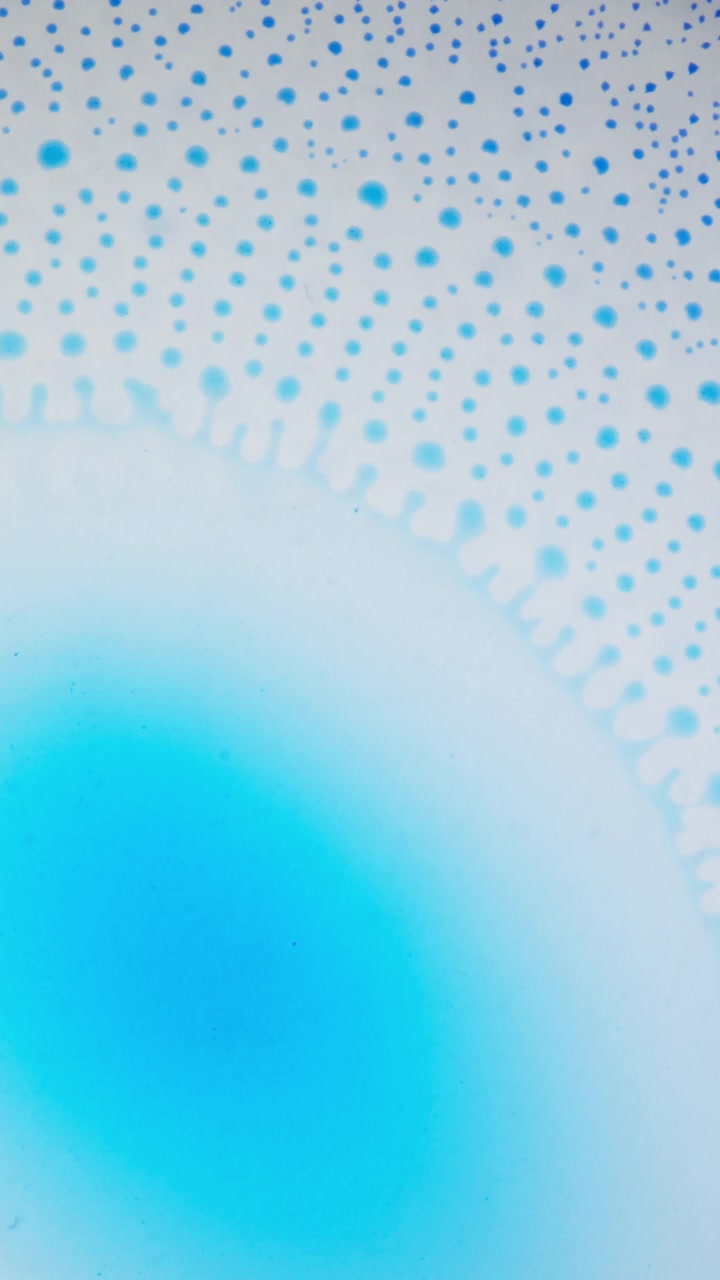 Inchiostro blu si diffonde nel liquido, formando piccole celle circolari e motivi radiali punteggiati