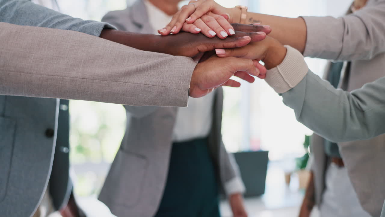 Hands, stack and business people with team