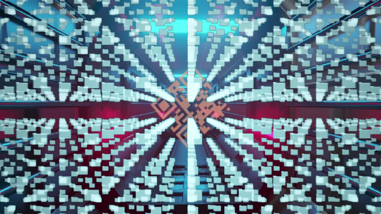 escáner de código qr, candado de seguridad y procesamiento de datos contra el túnel brillante