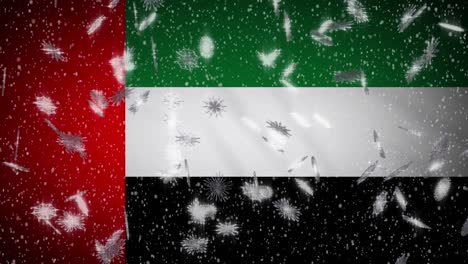 united arab emirates flag falling snow loopable, new year and christmas background, loop