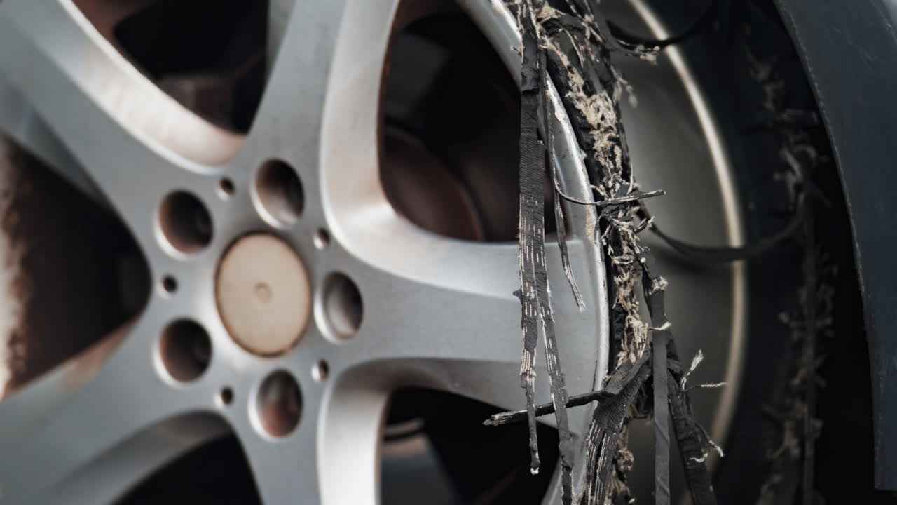 Close up of a blown tire of an old, blue car