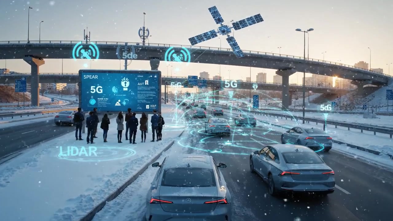 Scena di traffico ad alta tecnologia in un paesaggio urbano innevato al tramonto, con connettività avanzata, tecnologia Lidar e veicoli intelligenti su un'autostrada trafficata.