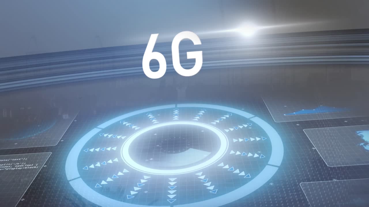 도시 풍경 위의 6g 텍스트 및 데이터 처리의 애니메이션