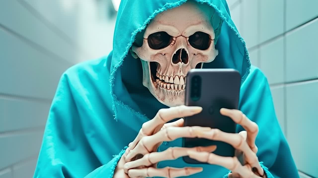 A person in a blue hoodie taking a picture of a skeleton with a cell phone