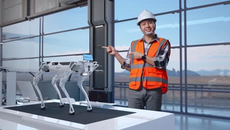 engineer showcasing a robotic dog in a modern factory setting