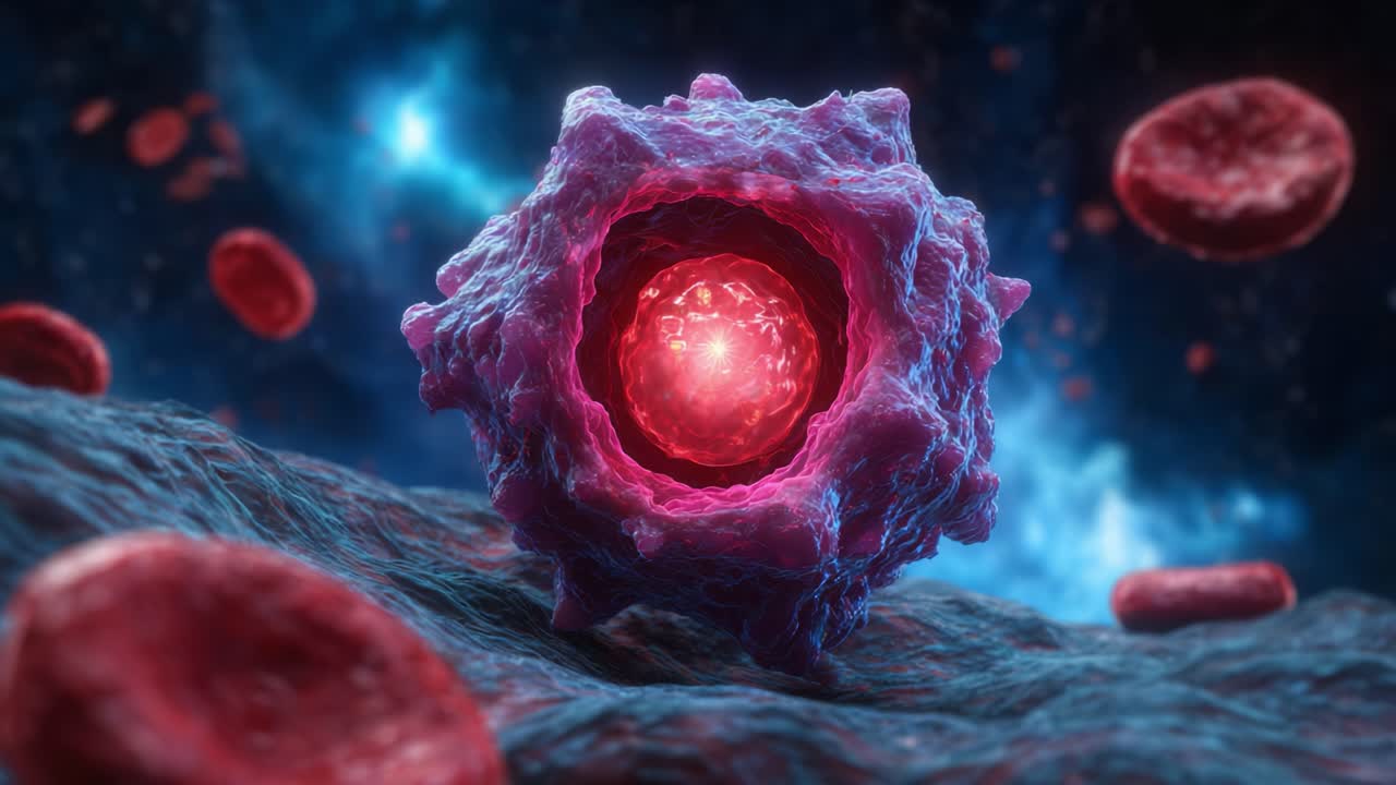 A Stunning Visual Representation of Immune Cells, Showcasing the Intricate Details of a Lymphocyte Amidst a Celestial Background of Blood Cells and Cosmic Elements