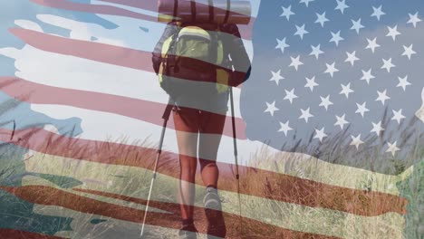 animation of american flag over biracial woman hiking in mountains