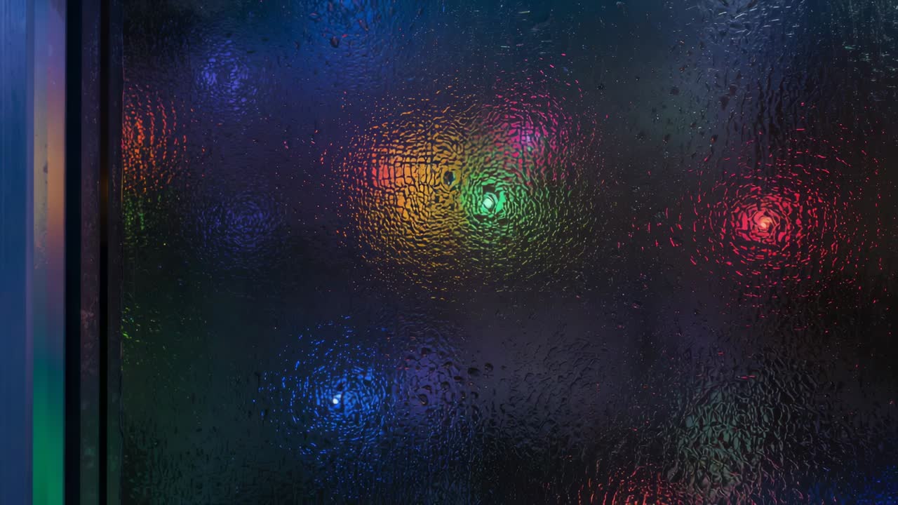 Rain hitting textured wet glass pane, droplets forming rivulets and shifting colored bokeh at night