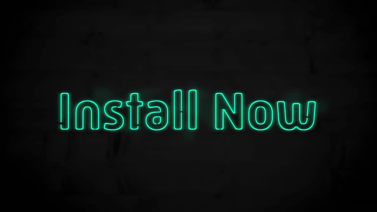 animación de verde neón instalar ahora banner de texto contra fondo negro.