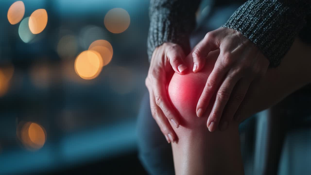 A Close-Up Observation of Knee Pain: An Individual Gently Touches Their Joint, Highlighting Discomfort Amid a Softly Lit Background in an Indoor Setting