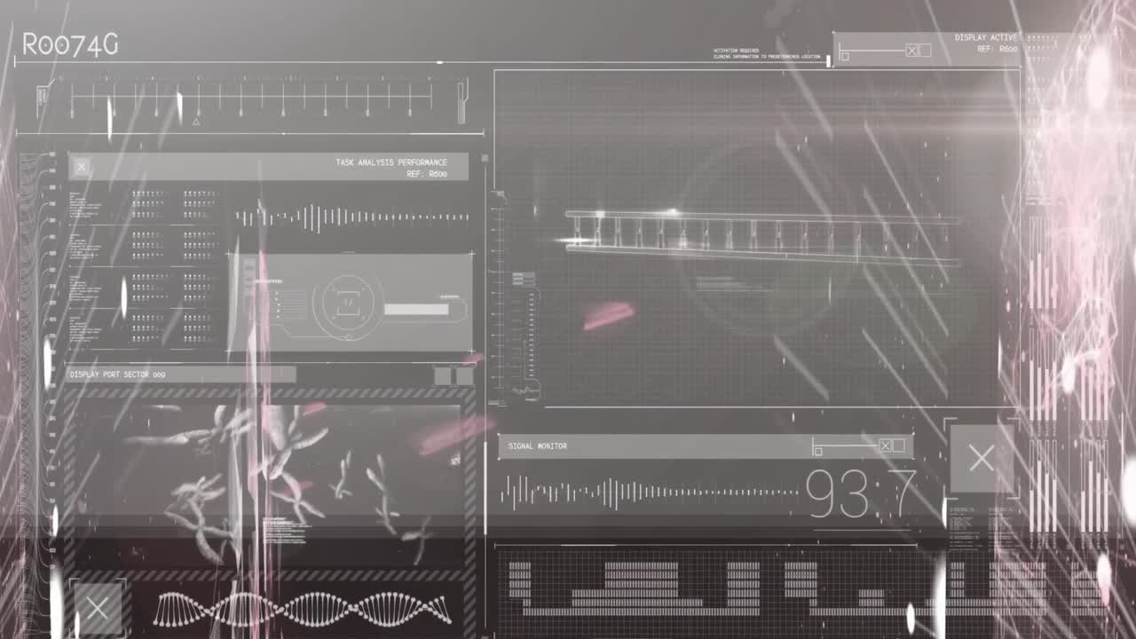 회색 배경에 빛의 반점에 대한 의료 데이터 처리 인터페이스의 애니메이션