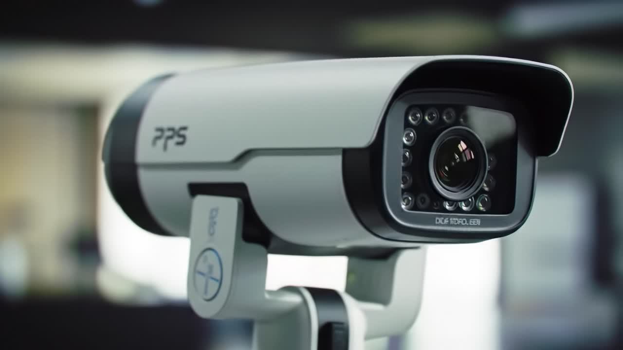 A security camera is being set up in a contemporary office space to enhance safety and monitoring capabilities. The high-tech device features advanced recording and viewing options.
