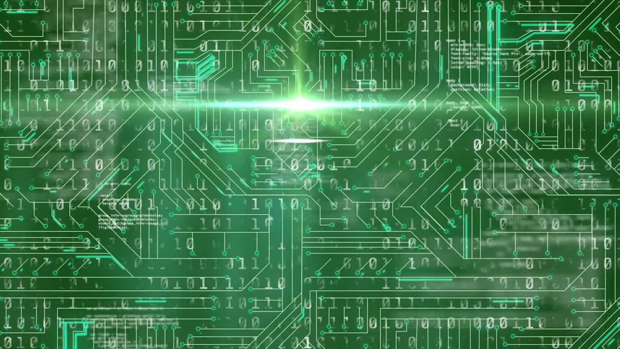 초록색 회로판에서 움직이는 빛의 흔적의 애니메이션