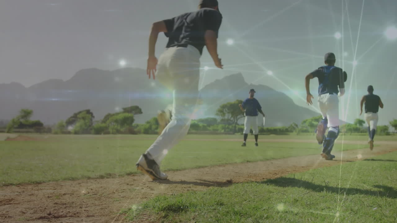 Baseball players running on field with network connections animation overlay