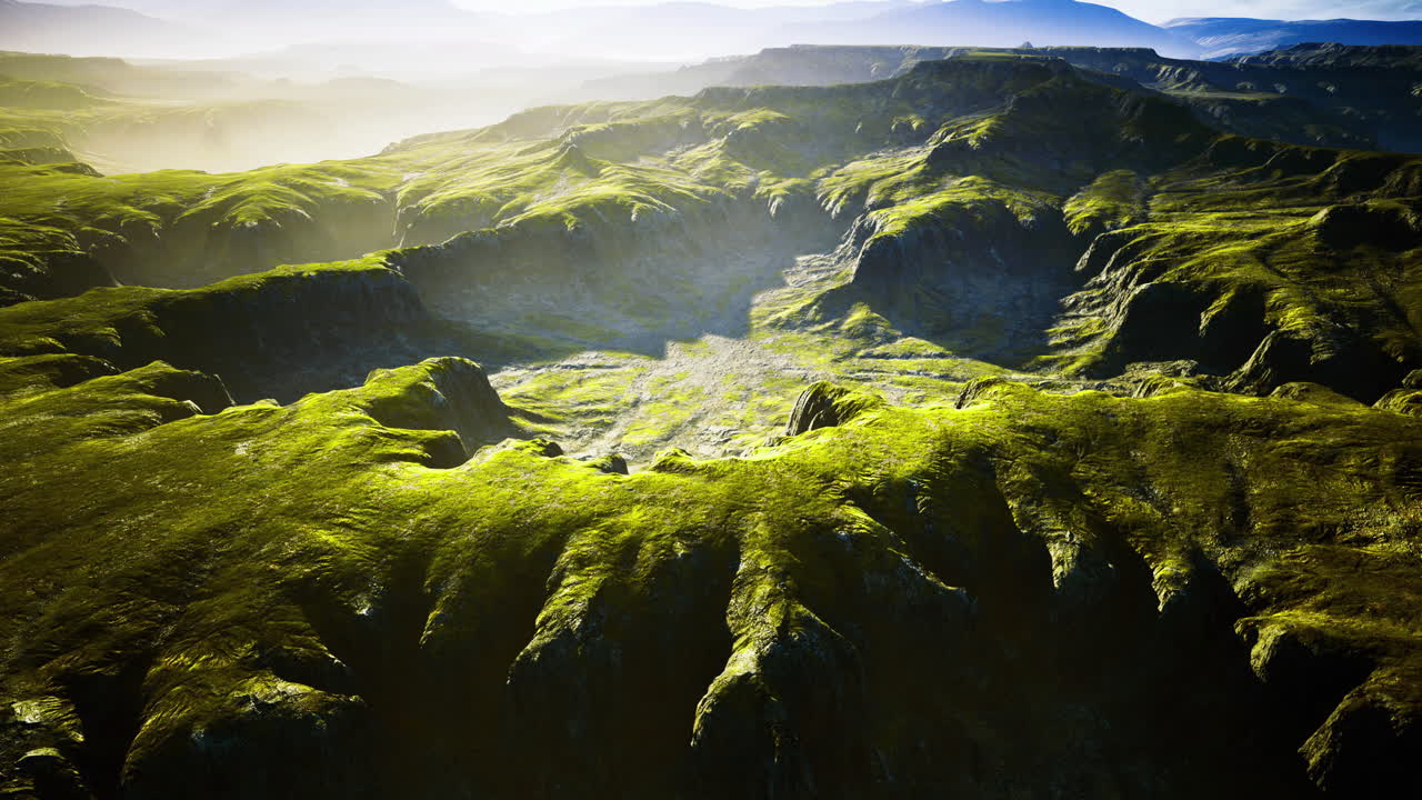 Lush green landscape with rolling hills and sunlight in a remote location