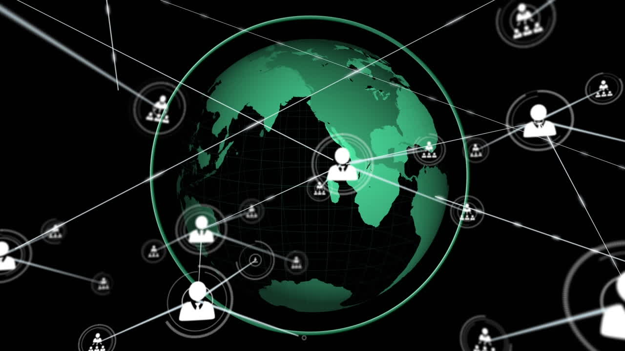 전 세계에 있는 아이콘과 연결된 네트워크의 애니메이션