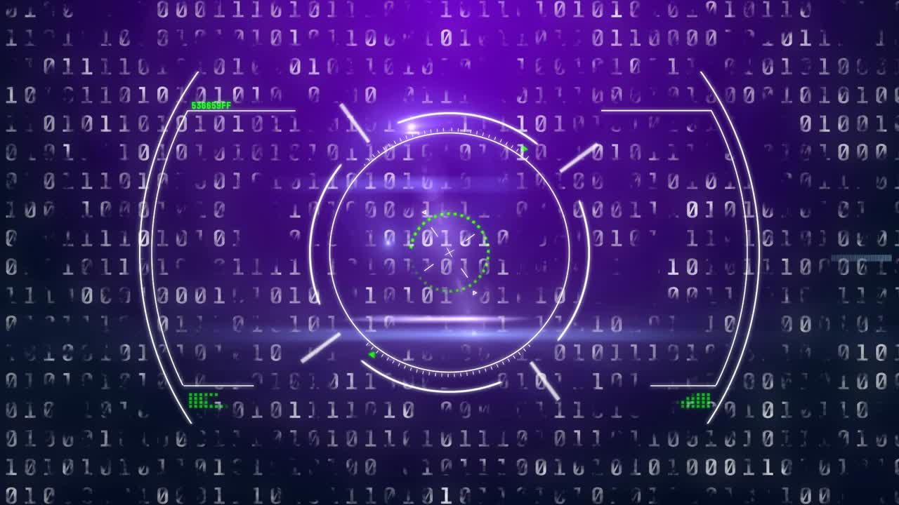 HUD streaming binary bits activating pulsing circle forming rotating magenta rings and violet burst