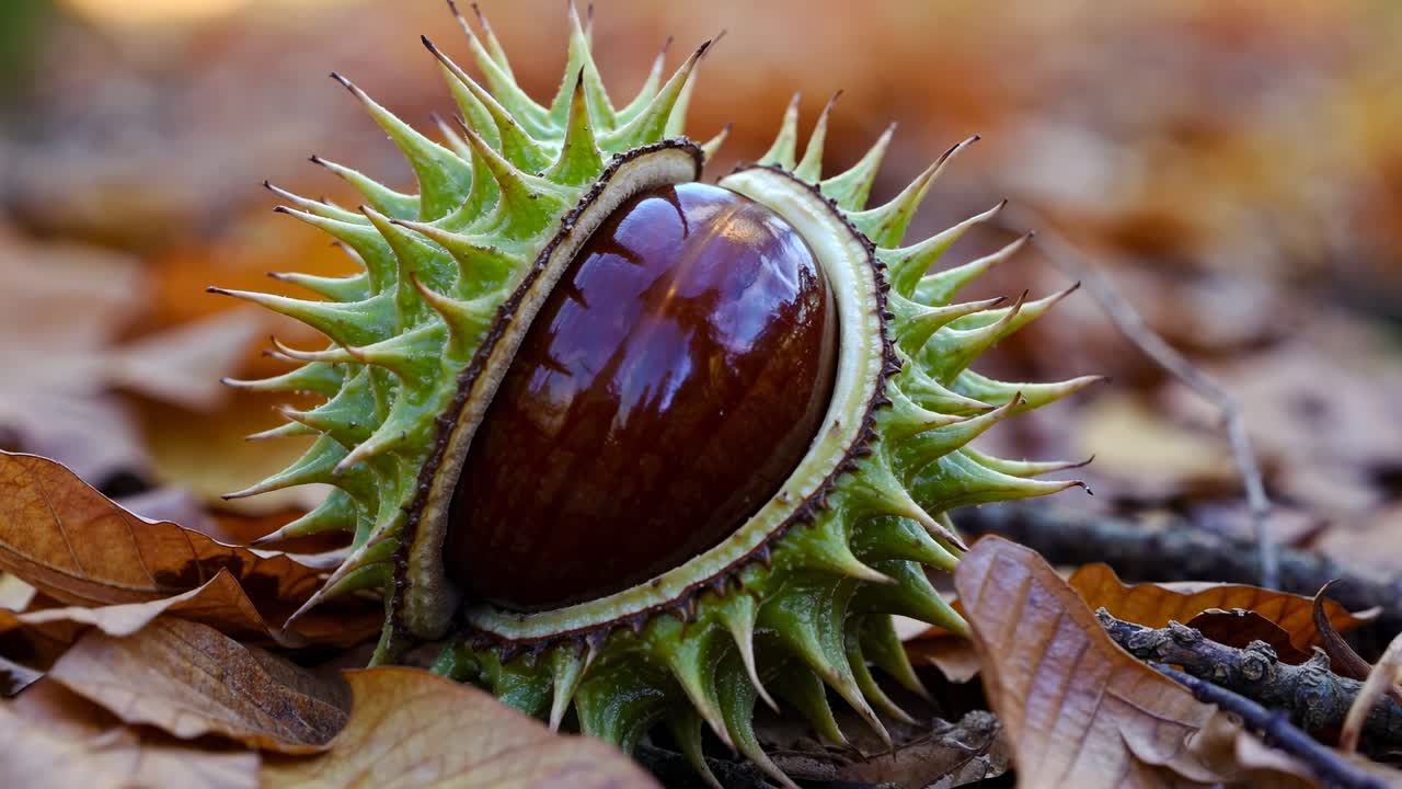 Close-up video shot of a chestnut in its spiky shell on autumn leaves