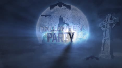 Animation-of-halloween-party-and-bats-over-full-moon-and-night-sky-background