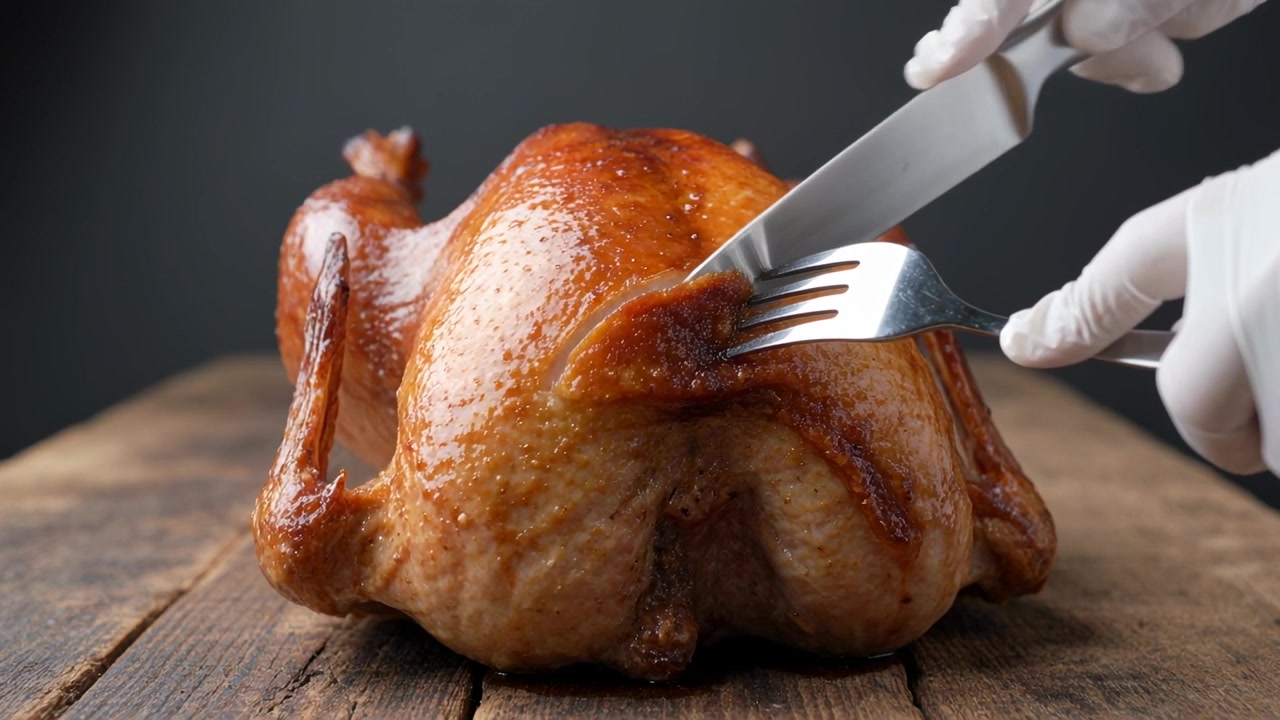Guanti bianchi affettano pollo su un tagliere, il coltello tocca la pelle, una forchetta a due rebbi lo tiene per servire.