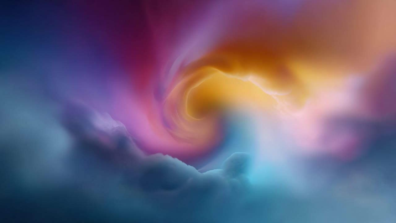 Un ipnotico vortice cosmico di colori vibranti e motivi eterei, che fonde tonalità di blu, viola, arancione e rosa su uno sfondo celeste nuvoloso.