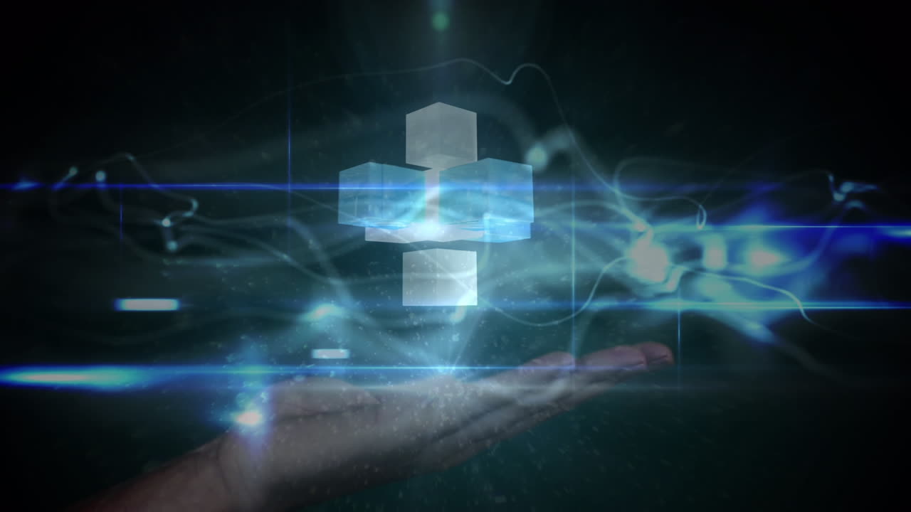 animación de olas y cubos sobre la mano de una mujer caucásica con fondo negro