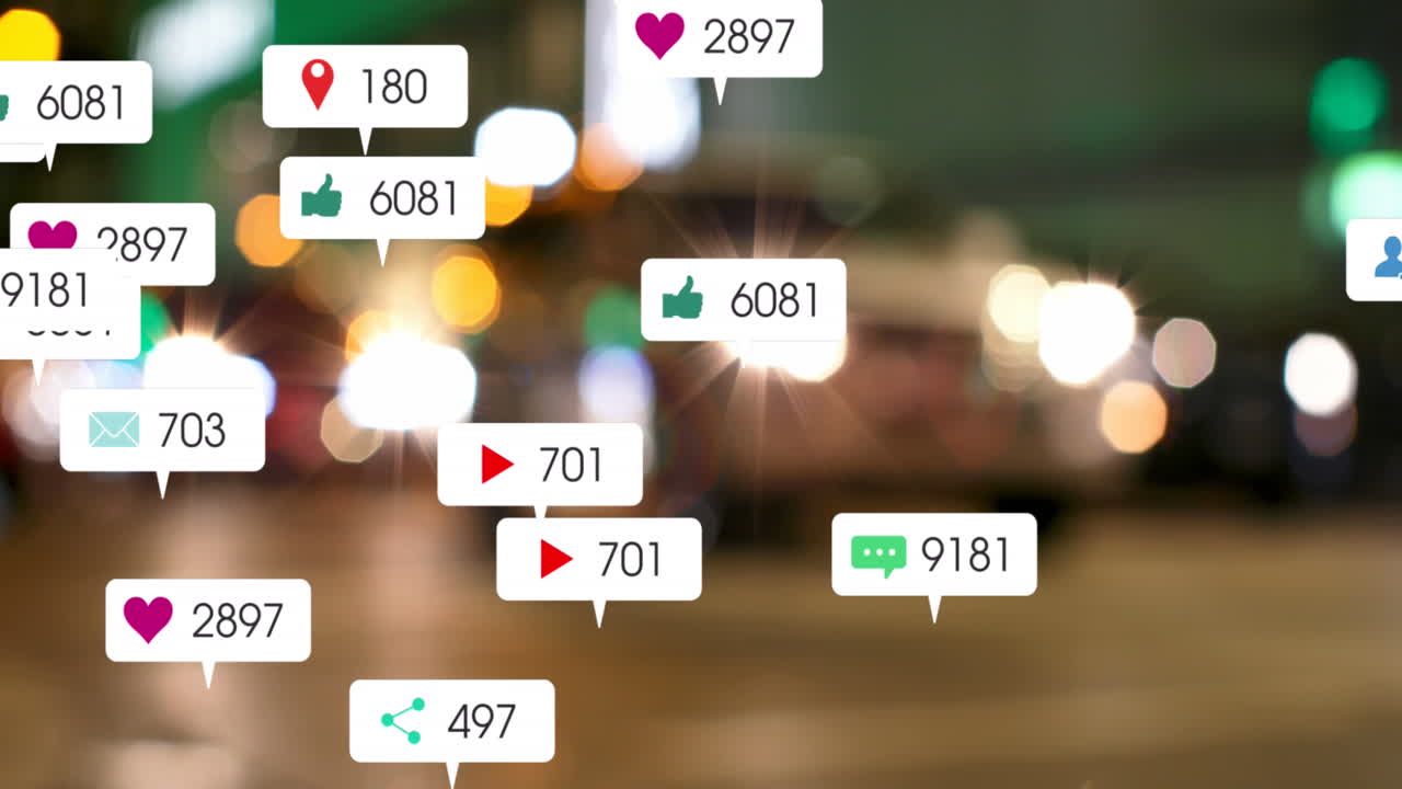 밤에 거리를 건너는 사람들의 낮은 부분에 대해 떠다니는 소셜 미디어 아이콘의 애니메이션