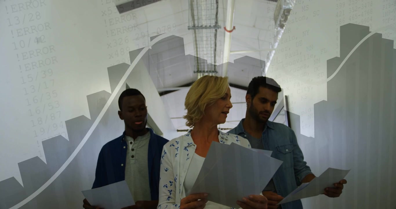 Team walking hall woman lifting docs leading business review while chart overlay sweeping over docs