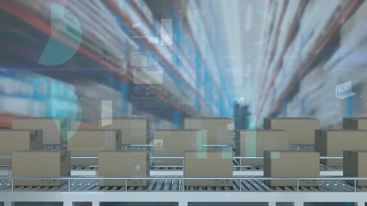 컨베이어 벨트에 있는 카드보드 상자 위에서 통계 처리의 애니메이션