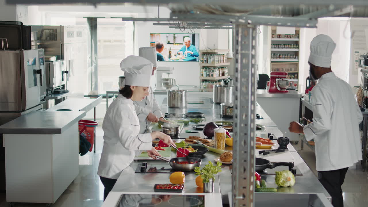 Woman cook preparing organic bell pepper in frying pan