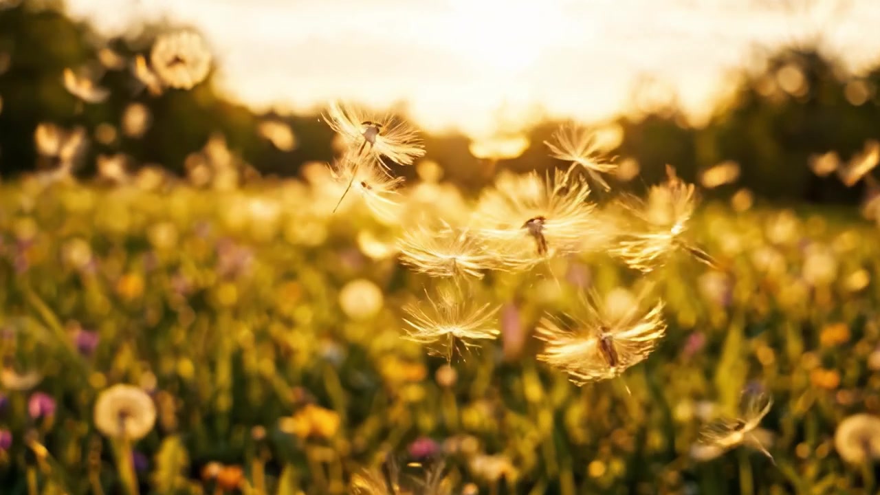 Matahari Terbit yang Tenang di Atas Padang Rumput Penuh Dandelion dan Bunga Liar, Menangkap Esensi Alam yang Mekar Sempurna di Tengah Angin Sepoi-sepoi