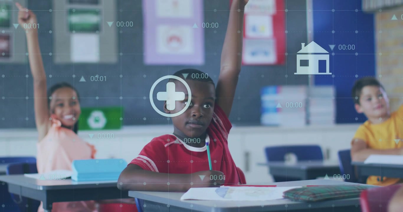 Boy raising hand to answer, classmates following, floating digital icons guiding classroom lesson