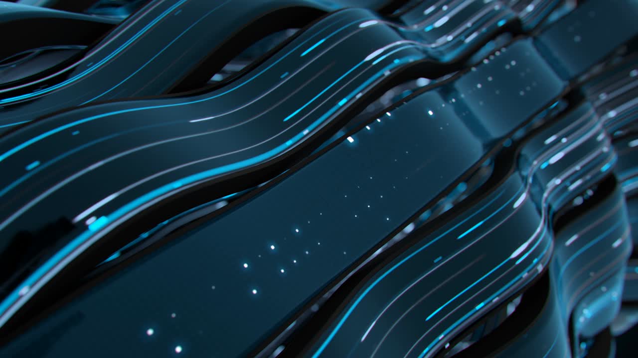 Blue neon light trails on glass 3D render seamless loop animation