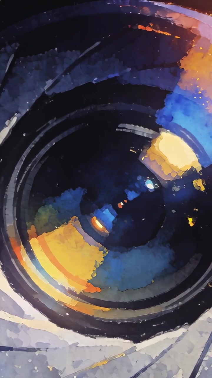 Video verticale: Iride che ruota rivelando una profondità interna in studio mentre la visuale si ingrandisce con punti blu e arancioni.
