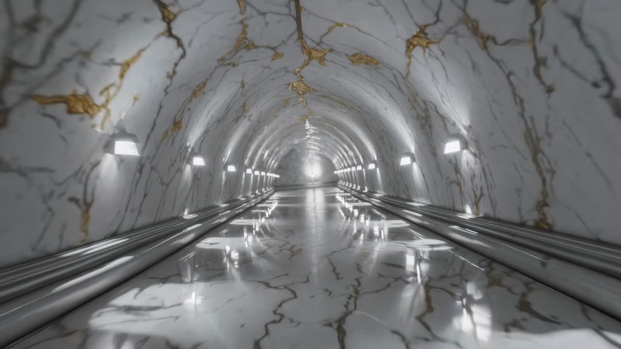 Marble tunnel interior showcases a seamless flow of light and texture, highlighting the elegant design and reflective surfaces in a continuous motion sequence