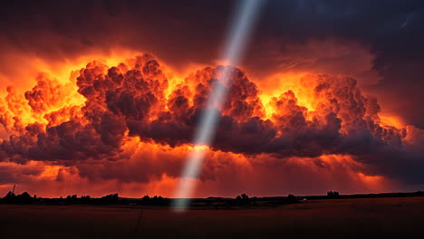 dramatic sunset illuminates storm clouds over a tranquil landscape