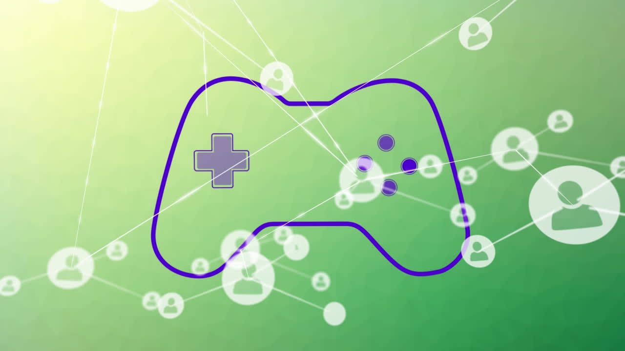 그라디언트 배경에 대해 파란색 게임 콘솔 위에 연결된 아이콘의 애니메이션