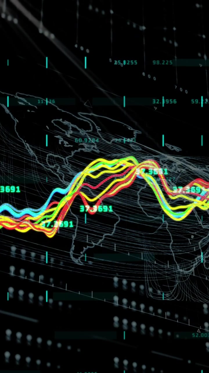Animation of multicolored graphs, bars and abstract pattern over black background